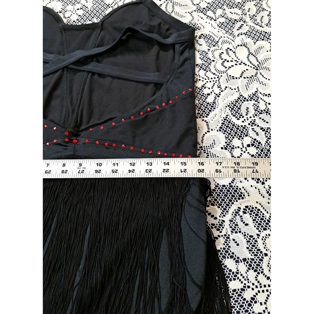 Balera Dance Costume XL Black Red Rhinestone Fringe Halter Bodysuit Strappy Back - Picture 7 of 12